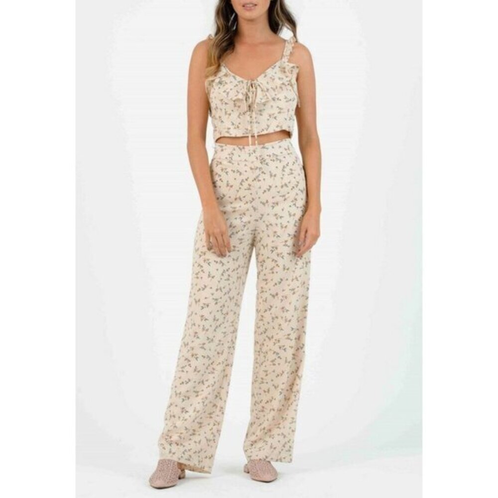 Lucca Couture Iris Palazzo Wide Leg Pants Floral Print High Rise Tan SZ XS New